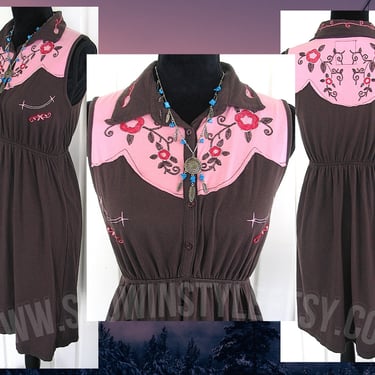 Women's Vintage Retro Western Dress by Pink Cattlelac, Rodeo Queen, Sleeveless with Floral Embroidery, Size Small/Medium  (see meas. below) 