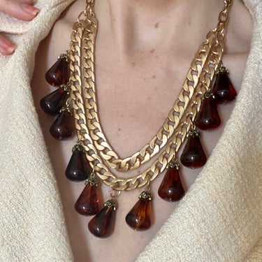 Stunning Tortoise Lucite Tear Drop Gold Chain Necklace