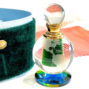 VINTAGE: Frosted Crystal Glass World Globe Perfume Bottle on Velvet Box- Collectible - Bathroom & Vanity Decor - SKU 