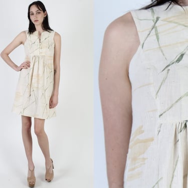 70s Hawaiian Style Bamboo Print Mini Dress, Vintage Tropical Hawaii Asian Inspired Frock 
