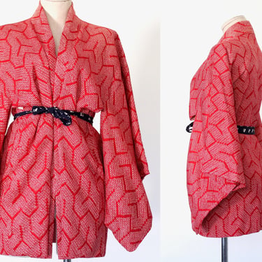 Vintage Bishamon Tortoise Shell Printed Crinkled Silk Kimono - 1970s Japanese Haori Jacket - Sashiko Kikko 