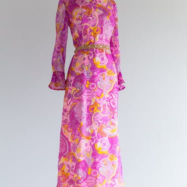 Fabulous 1960's Kornhauser Psychedelic Silk Evening Gown / ML