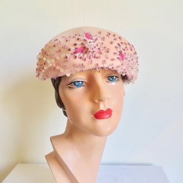 1950's Elsa Schiaparelli Paris Pastel Pink Felt Structured Beret Style Hat with Glass Bead Trim 50's Spring Summer Millinery Designer Hats 