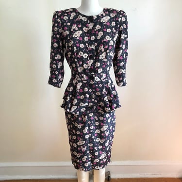 Black and Pink Floral Print Dress with Peplum - 1980s 