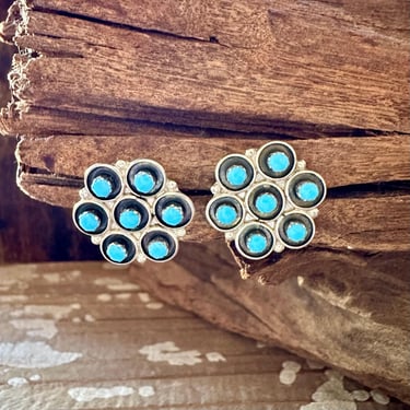 FLOWER CLUSTERS Sterling Silver & Turquoise Stud Earrings | Zuni Handmade | Native American Southwestern Jewelry 