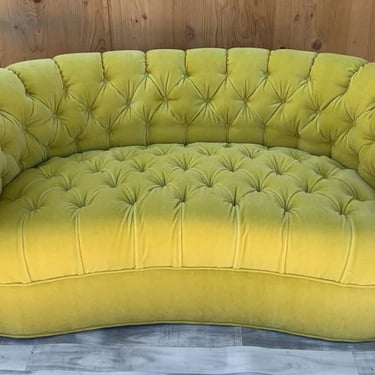 Vintage Hollywood Regency Tufted Curved Arm Loveseat Newly Upholstered In a High End Plush Mohair in “Limón“ Yellow