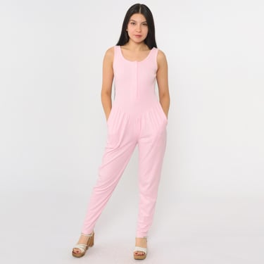 Vintage 80s Summer Jumpsuit Pink Tapered Pant Playsuit Button Up Basque Waist Pastel Harem Romper 1980s Sleeveless Scoop Neck Small xs 