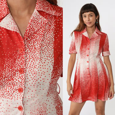 70s Mod Mini Dress Red White Polka Dot Dress Confetti Print High Waisted Button up Shirtdress Short Sleeve Retro Vintage 1970s Small S 