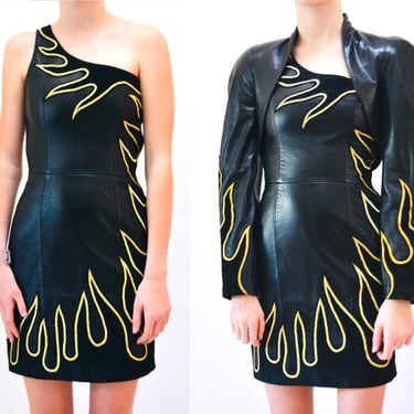 90s Black Leather Flame Dress Michael Hoban North Beach XS Small// 90s One Shoulder Vintage Leather Dress Black Flames XXS XS Biker Dress 