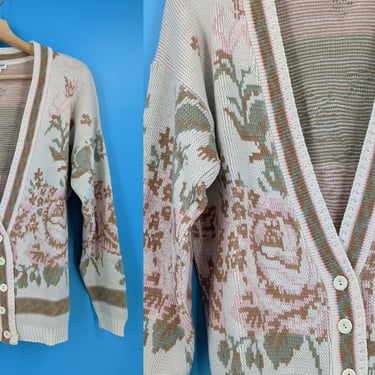 Vintage 90s Rose Print Acrylic Knit Cardigan Sweater - Nineties Large White Grandma Floral Print Button Front Sweater 