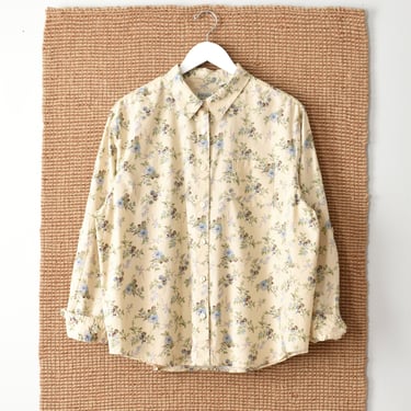 vintage botanical blouse, 90s floral print cotton shirt, size xl 