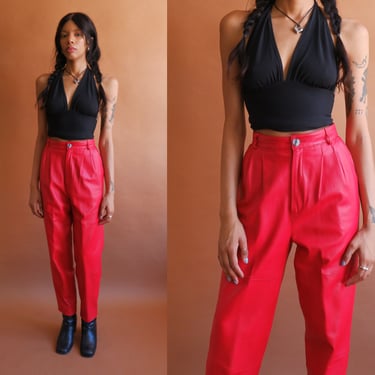 Vintage 80s Red Leather Pants/ 1980s High Waisted Pleated Front Bright Red Trousers/ Size 27 
