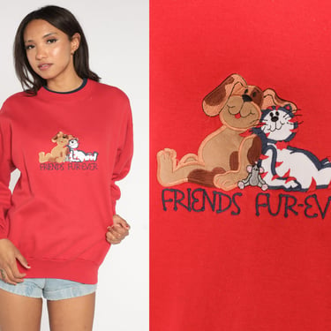 Cat Dog Sweatshirt Friends Fur-ever Puppy Sweater 90s Animal Sweatshirt Vintage Red 1990s Embroidered Graphic Sweater Retro Medium 
