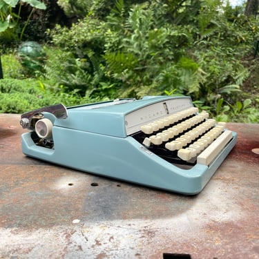 1960s Vintage Wizard Truetype Baby Blue Portable Typewriter Original Case Mid Century Modern Japan Brother 