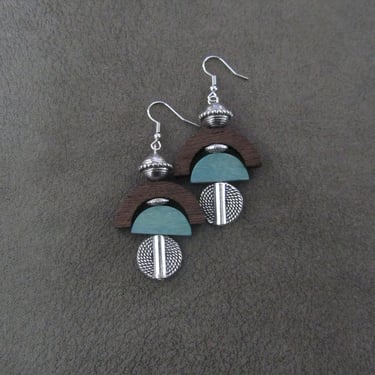 Carved wooden earrings, steel blue silver 
