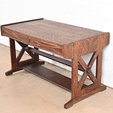 Limbert Style Antique Mission Tiger Oak Arts & Crafts Trestle Library Table or Writing Desk, Circa 1900