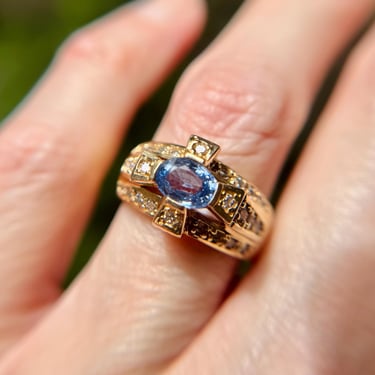 Chic Vintage 14K Yellow Gold Cruciform Cornflower Sapphire Diamond Ring Sz 7.25 