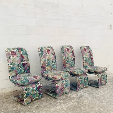 Milo Baughman Swivel Rolling Floral Chairs