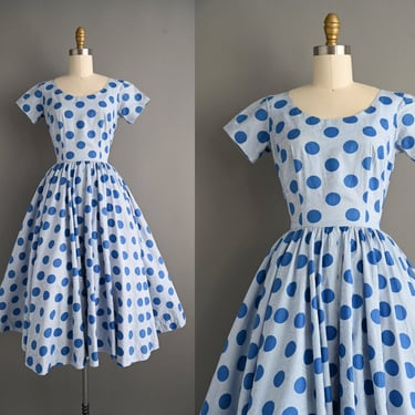 vintage 1950s Blue Polka Dot Cotton Sweeping Full Skirt Dress - XS 