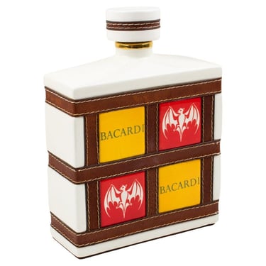 Mid-Century Rum Bacardi Ceramic Bottle with Red and Yellow Enamel