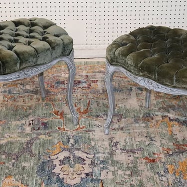 Beautiful Pair Olive Green Velvet & Gray Painted French Louis XV Foot Stools