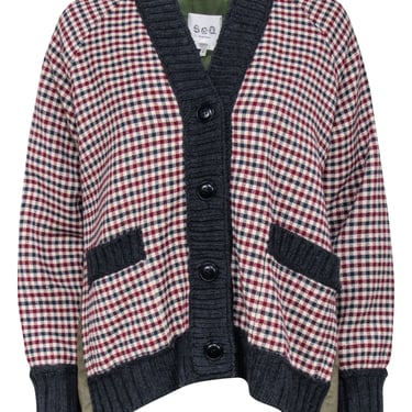 Sea NY - &quot;Petra&quot; Beige &amp; Red Plaid Cardigan w/ Olive Backing Sz S