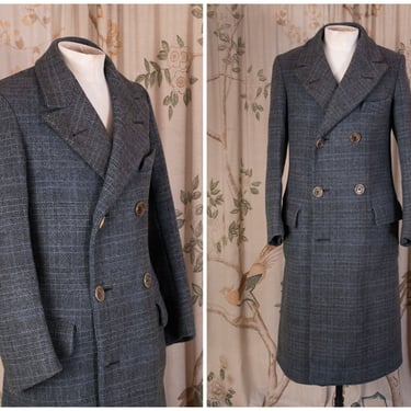 1930s Coat - Striking Mens 1930s/Early 40s Heavy Wool Tweed Coat in Blue and Grey Size 34 to 36 