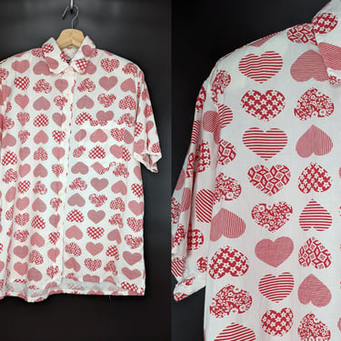 Vintage 90s Gitano Short Sleeve Heart Print Button Up Blouse - Nineties Large White Red Shirt 