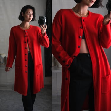 Vintage 90s ESCADA Lipstick Red Smooth Wool Cardigan Duster w/ Large Black Buttons | Made in Germany | 100% Wool | 1990s Designer Sweater 