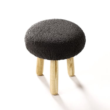 Custom Awassi Tripod Ottoman / Footstool — Turned Ash legs — Charcoal Gray Bouclé 