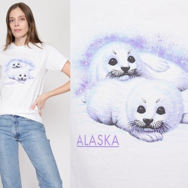 XS 90s Alaska Baby Seal T Shirt | Vintage White Animal Cub Graphic Tourist Tee 