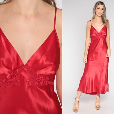 Red Satin Nightgown Slip Dress 90s Lace Empire Waist Maxi Lingerie Vintage Pleated Nightgown Spaghetti Strap Chemise 1990s Medium 