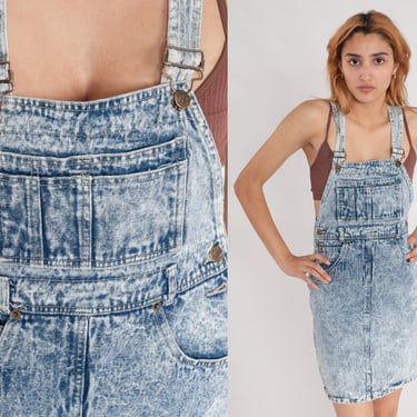 Denim Overall Dress 80s 90s Acid Wash Denim Jumper Dress Mini Jean Bib Dress 1980s Pocket Blue Vintage Minidress Sleeveless Small S 