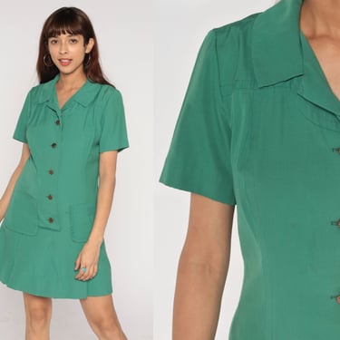 60s Girl Scout Dress Mini Button Up Scouts USA Uniform Dress Retro Preppy Short Sleeve High Waisted Green School Girl Vintage 1960s Medium M 