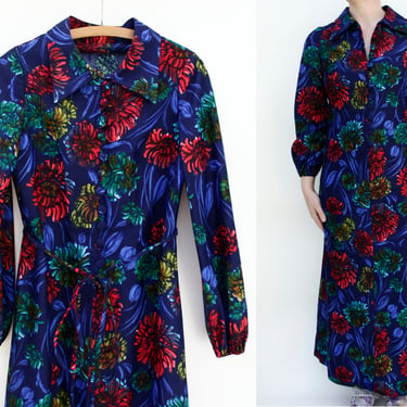 Vintage 70s Floral Polyester Dress - Navy Blue - Button Front - Bright Painterly Floral Pattern 
