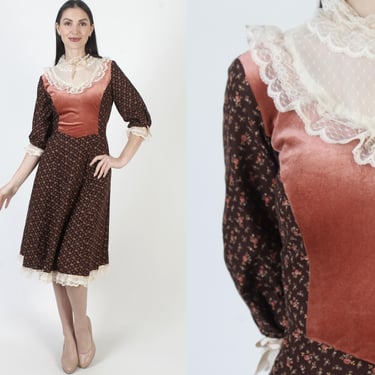 Brown Calico Prairie Dress, Victorian Lace Neckline, Crushed Velvet Bodice, Boho Wedding Midi 