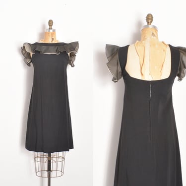 Vintage 1960s Dress / 60s Organza Ruffle Party Dress / Black ( small S ) 