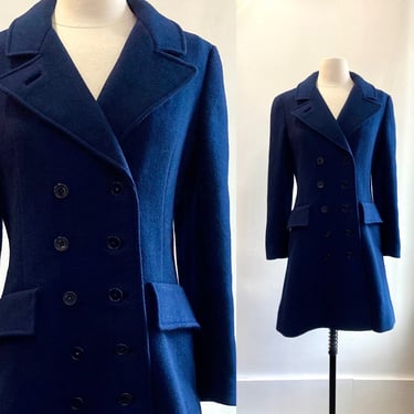Vintage 60s 70s DRESS COAT / Navy Blue / Double Breasted + Hidden Side Pockets + Back Sash / NORDSTROM Best 