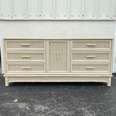 Vintage Hollywood Regency Dresser with 9 Drawers, Faux Bamboo & Rattan by American of Martinsville Furniture - Coastal Credenza 