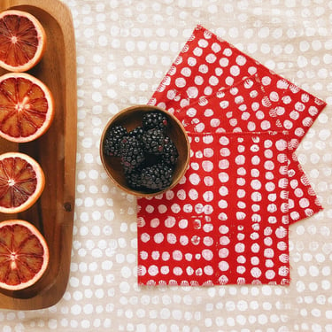 linen cocktail napkins. red pebbles. hand block printed. set of four / coasters. hostess gift. housewarming. boho decor. mushroom. preppy. 