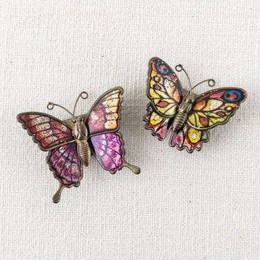 Set of 2 Butterfly Magnets, Purple and Gold Enameled Metal Refrigerator Locker Magnetic Board Decor, Insect Magnet 