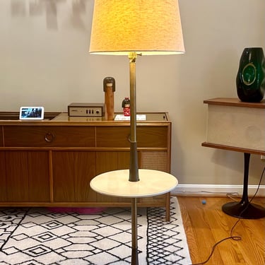 Mid Century Modern Brass, Walnut, Marble Floor Lamp with Table - Free Shipping 