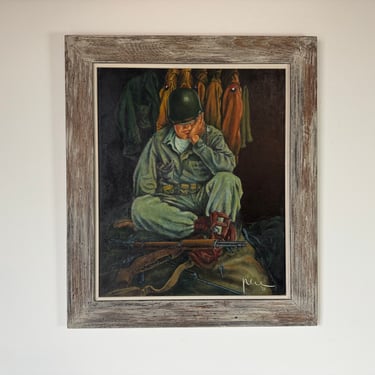1950's Louis Pere Seated Soldier Portrait Oil Painting, Framed 