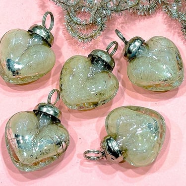 VINTAGE: 5pcs - Small Thick Mercury Crackled Glass Heart Ornaments - Heavy Weight Kugel Style Ornaments - Heart Pendants 