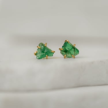 14k Gold Delicate Asymmetric Zambian Emerald Studs