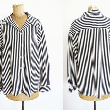 Vintage Black and White Striped Silk Button Up Shirt  L - 90s Baggy Minimalist Blouse - Wednesday Goth Style 
