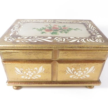 Pretty Gold Wood Jewelry Box - Vintage Gold Decopaged Jewelry  Music Box 