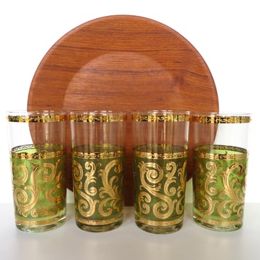 4 Vintage Culver Toledo Highball Glasses, 22kt Gold Barware Tumblers In Green And Gold 