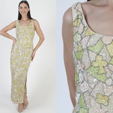 Beaded New Years Eve Party Dress, Vintage 60s Macys Gown, Encrusted Mosaic Print, Holiday Party Outfit 