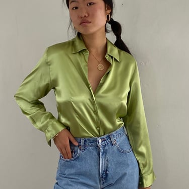 90s silk charmeuse blouse / vintage green liquid silk charmeuse capsule wardrobe shi======== blouse | Large 